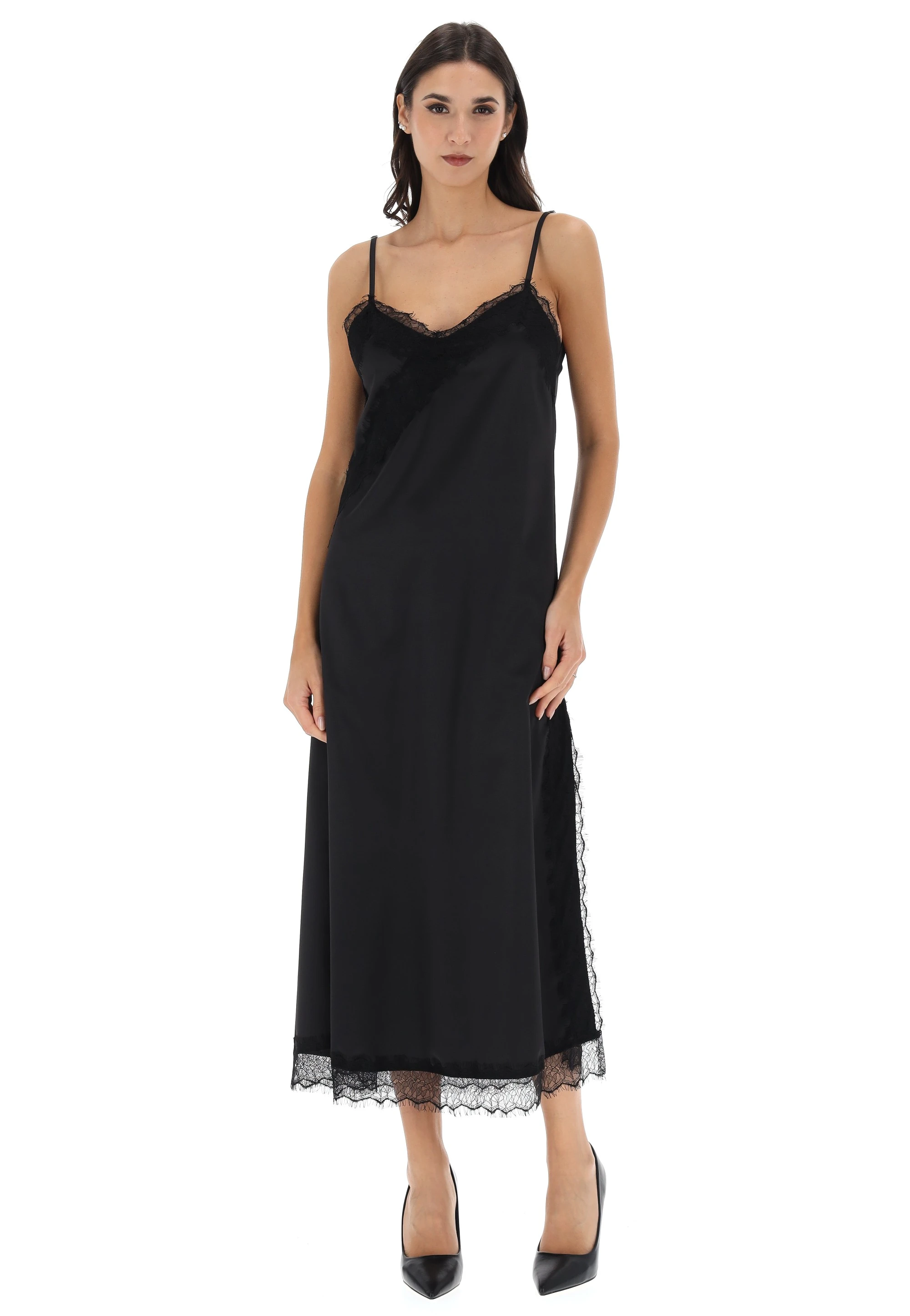 Abito satin con inserti in pizzo tono su tono èks